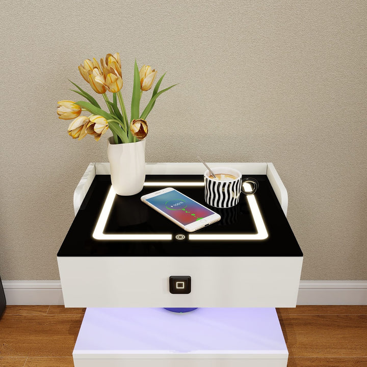 Modern LED Smart Nightstand with Charging Station And Fingerprint-Lock Drawer