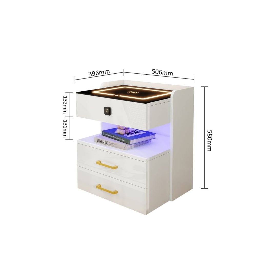 Modern LED Smart Nightstand with Charging Station And Fingerprint-Lock Drawer