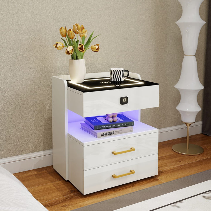 Modern LED Smart Nightstand with Charging Station And Fingerprint-Lock Drawer