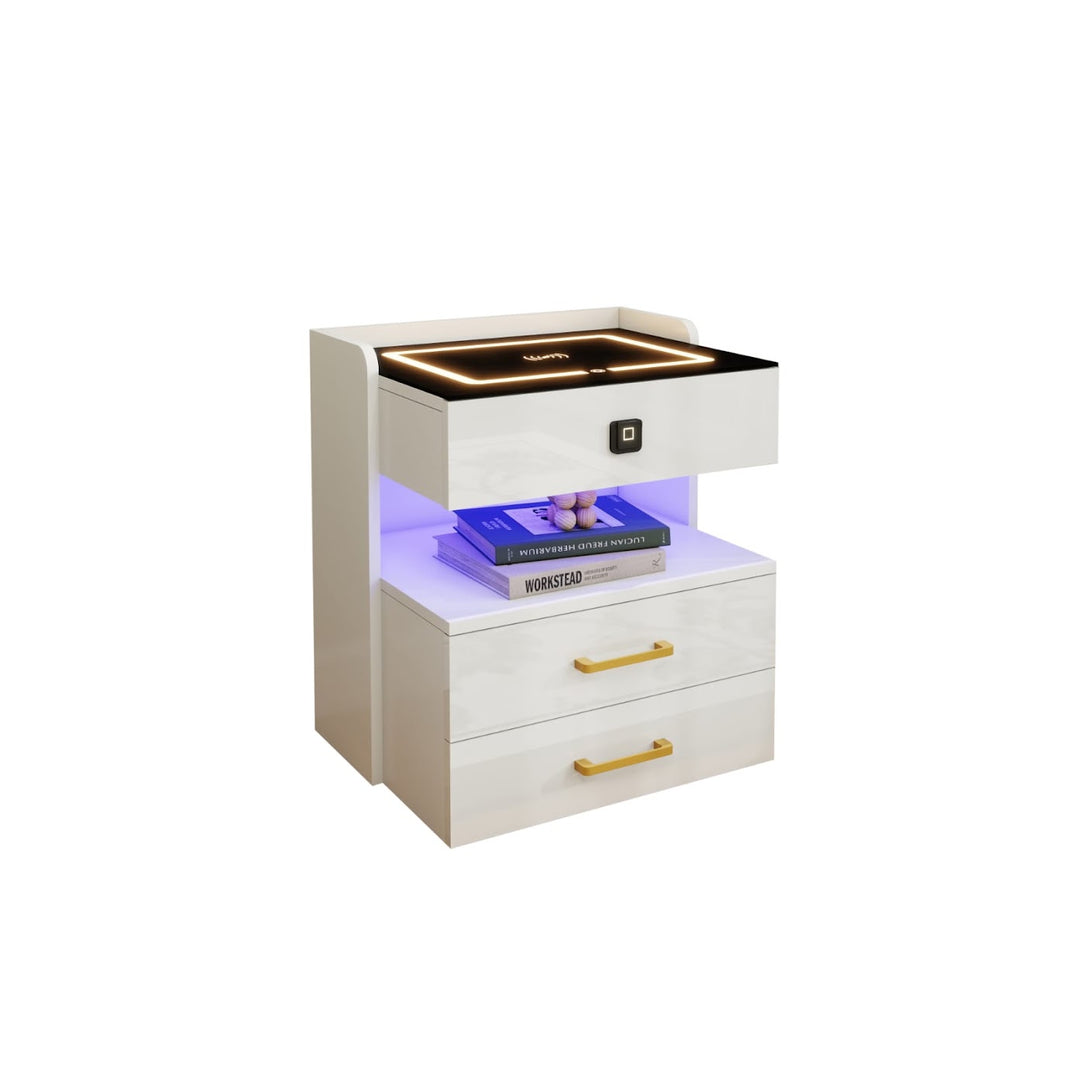 Modern LED Smart Nightstand with Charging Station And Fingerprint-Lock Drawer