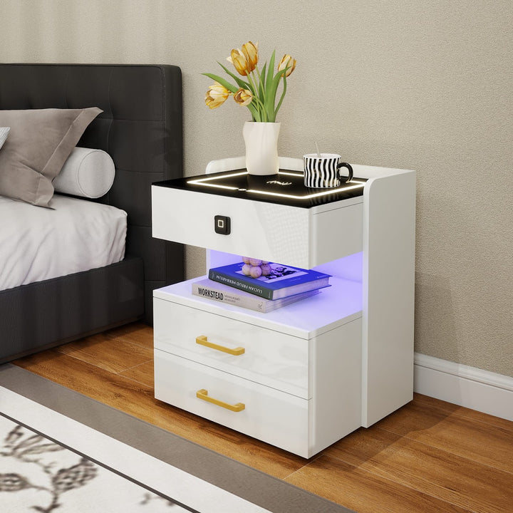 Modern LED Smart Nightstand with Charging Station And Fingerprint-Lock Drawer