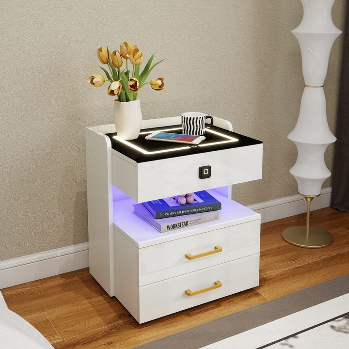 Modern LED Smart Nightstand with Charging Station And Fingerprint-Lock Drawer