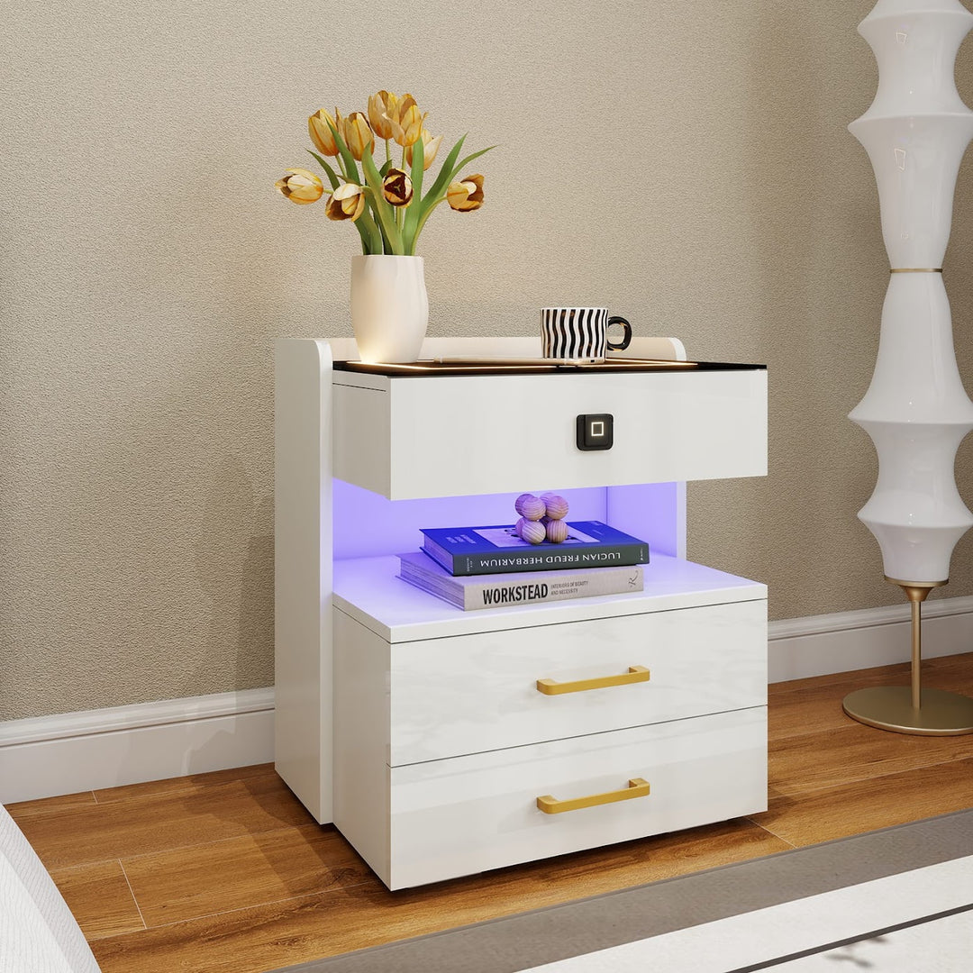 Modern LED Smart Nightstand with Charging Station And Fingerprint-Lock Drawer