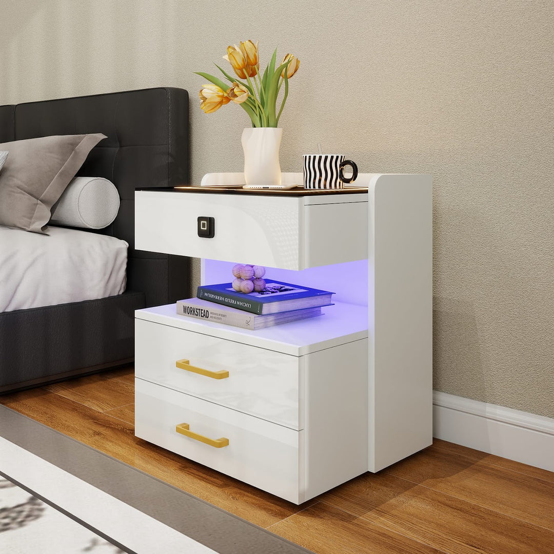 Modern LED Smart Nightstand with Charging Station And Fingerprint-Lock Drawer