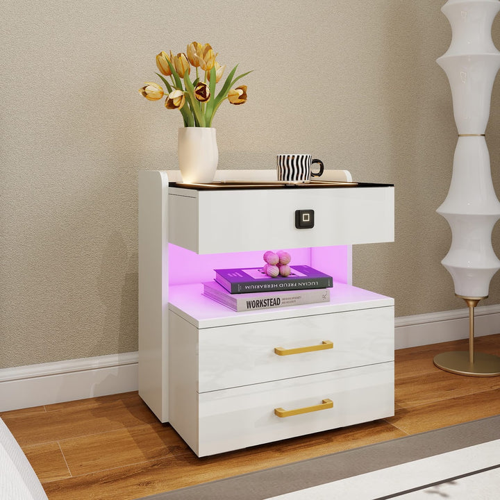 Modern LED Smart Nightstand with Charging Station And Fingerprint-Lock Drawer