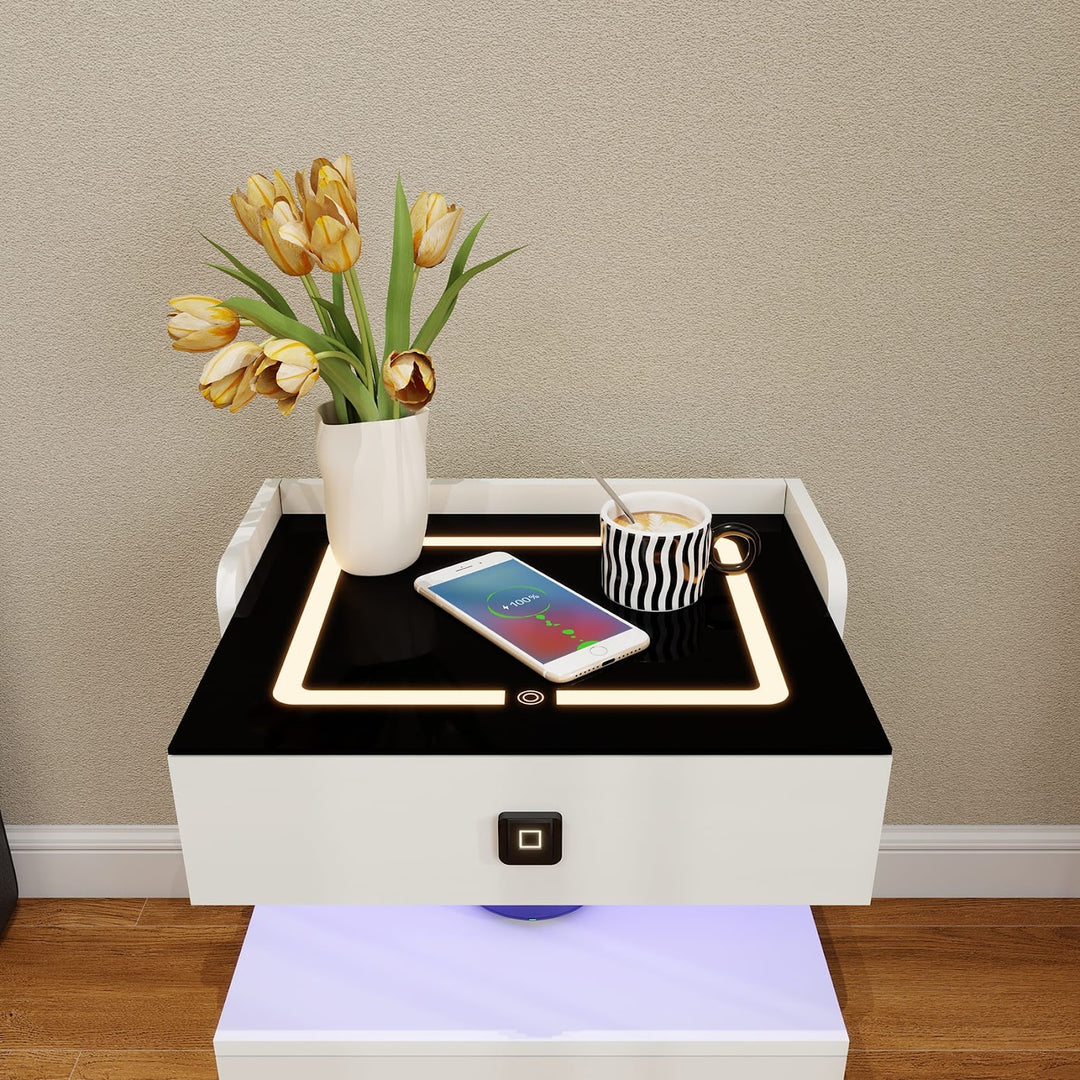 Modern LED Smart Nightstand with Charging Station And Fingerprint-Lock Drawer