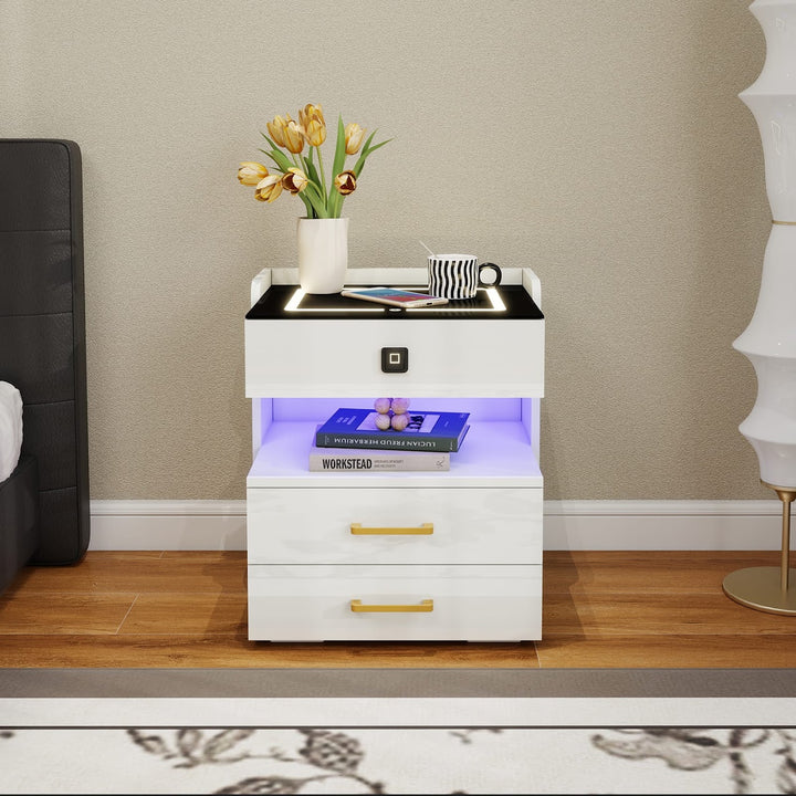 Modern LED Smart Nightstand with Charging Station And Fingerprint-Lock Drawer