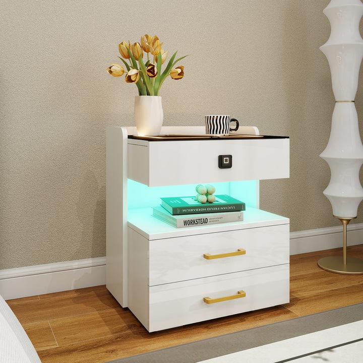 Modern LED Smart Nightstand with Charging Station And Fingerprint-Lock Drawer