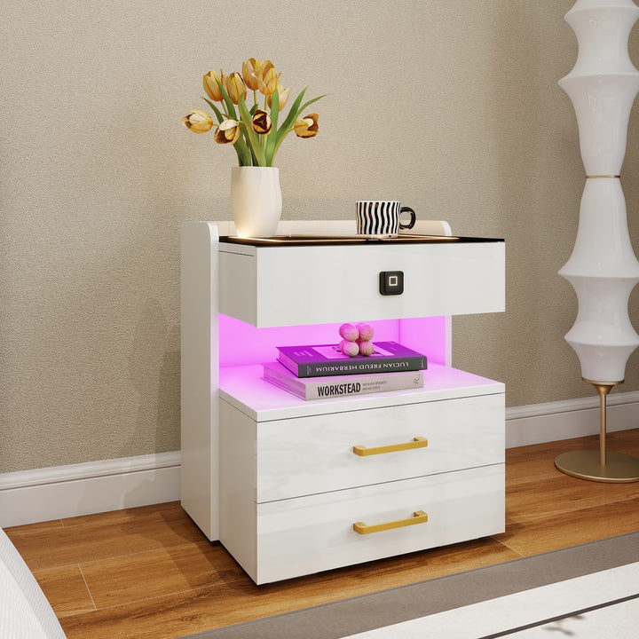 Modern LED Smart Nightstand with Charging Station And Fingerprint-Lock Drawer