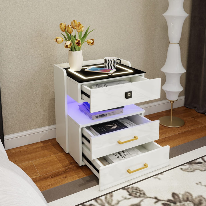 Modern LED Smart Nightstand with Charging Station And Fingerprint-Lock Drawer