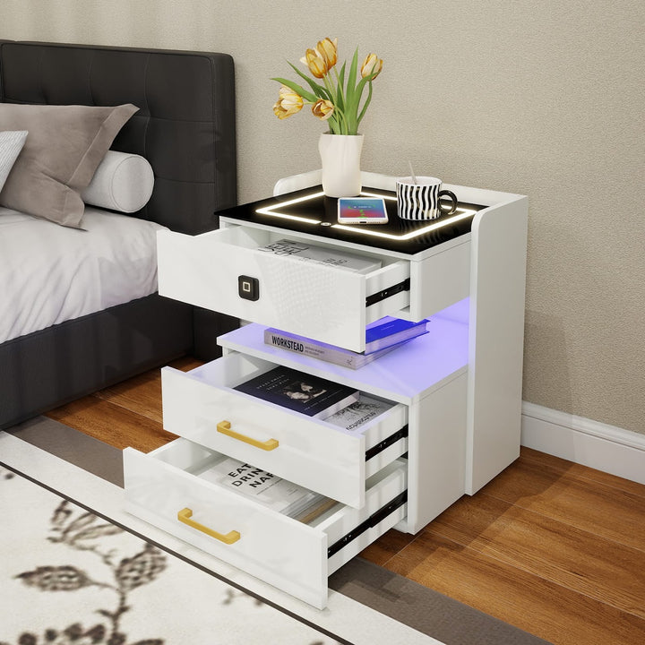 Modern LED Smart Nightstand with Charging Station And Fingerprint-Lock Drawer