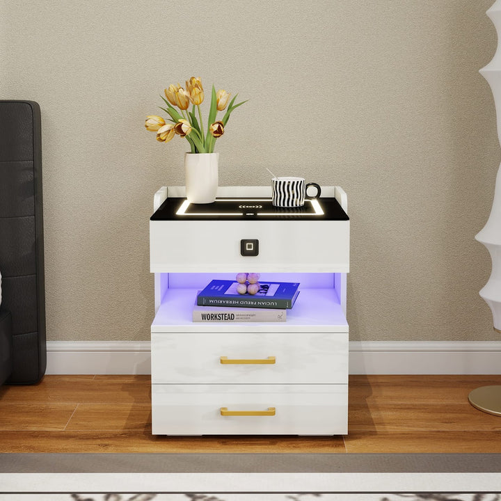 Modern LED Smart Nightstand with Charging Station And Fingerprint-Lock Drawer