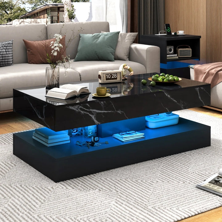 Marble High-Gloss Coffee Table with LED Lighting And Built-In Storage