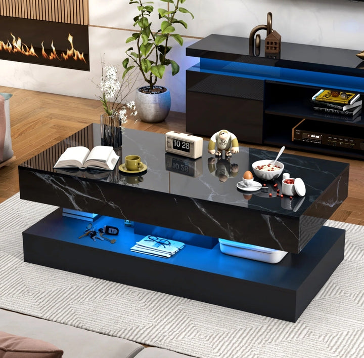 Marble High-Gloss Coffee Table with LED Lighting And Built-In Storage