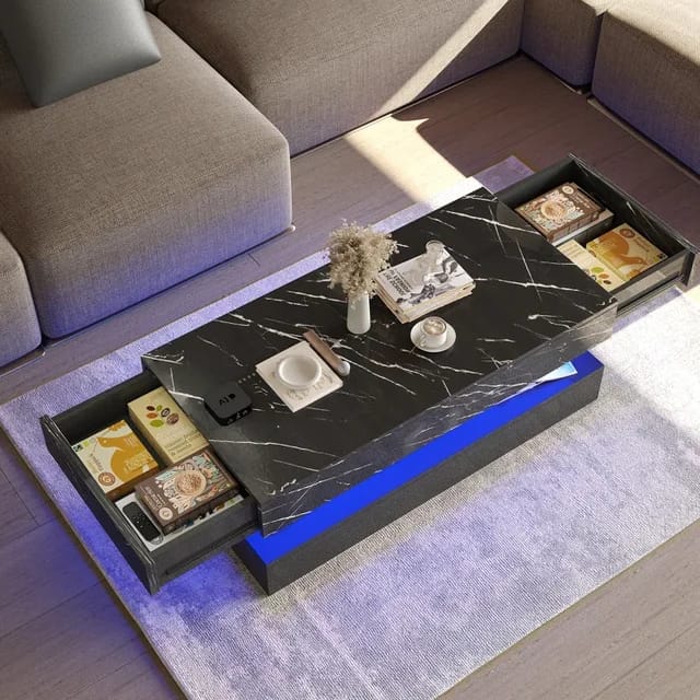 Marble High-Gloss Coffee Table with LED Lighting And Built-In Storage