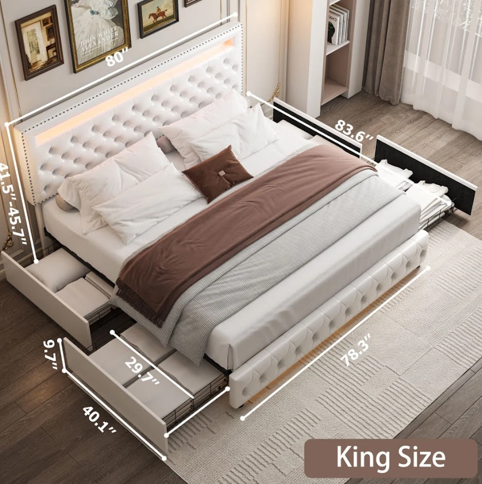 Upholstered Platform Bed Frame With LED Headboard And Storage