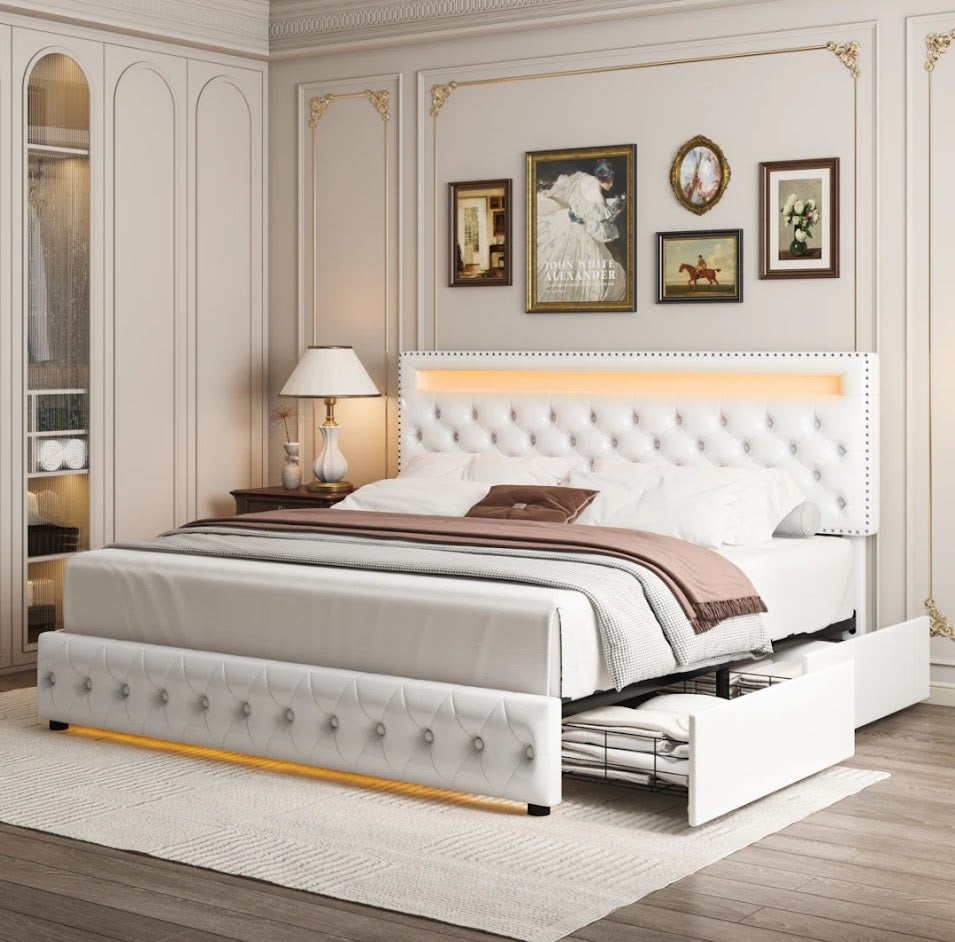 Upholstered Platform Bed Frame With LED Headboard And Storage