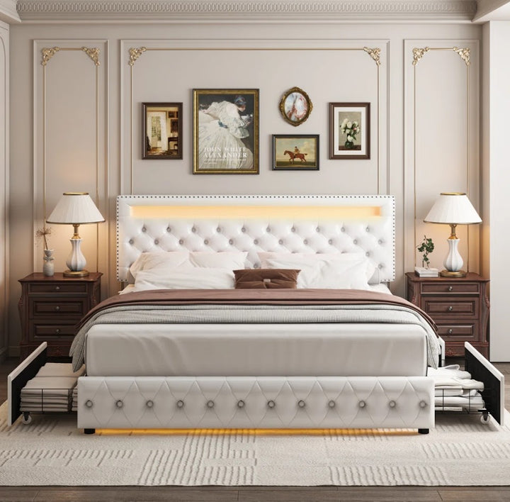 Upholstered Platform Bed Frame With LED Headboard And Storage