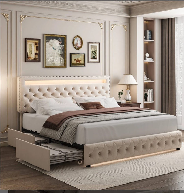 Upholstered Platform Bed Frame With LED Headboard And Storage