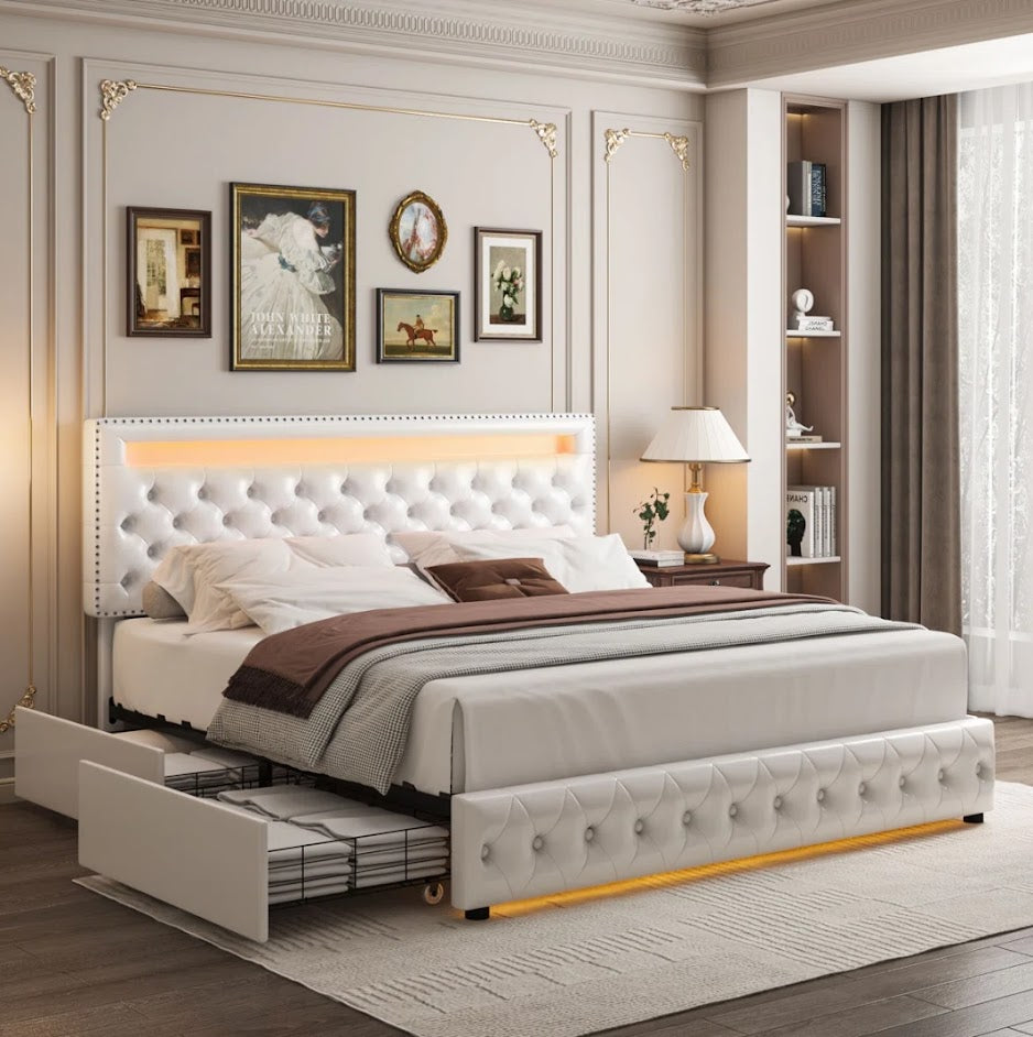 Upholstered Platform Bed Frame With LED Headboard And Storage