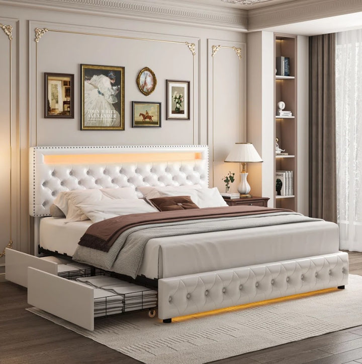 Upholstered Platform Bed Frame With LED Headboard And Storage