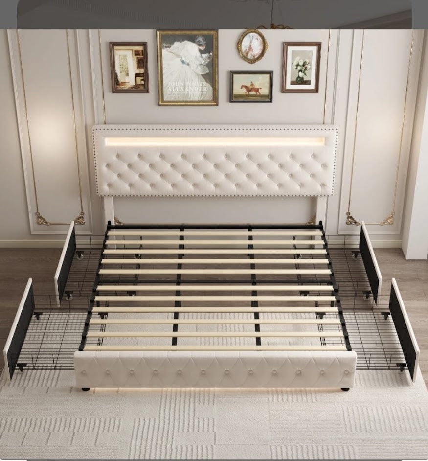 Upholstered Platform Bed Frame With LED Headboard And Storage
