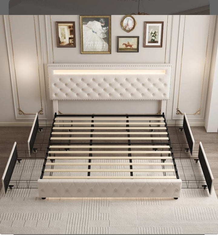 Upholstered Platform Bed Frame With LED Headboard And Storage