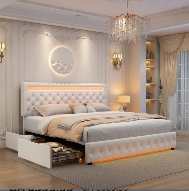 Upholstered Platform Bed Frame With LED Headboard And Storage