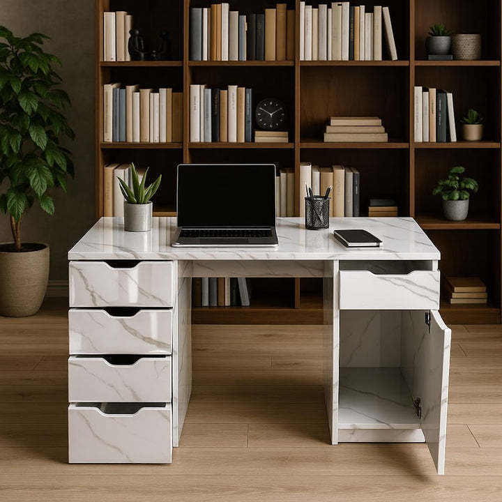 Marble-Look High Gloss Writing Desk With Generous Office Storage
