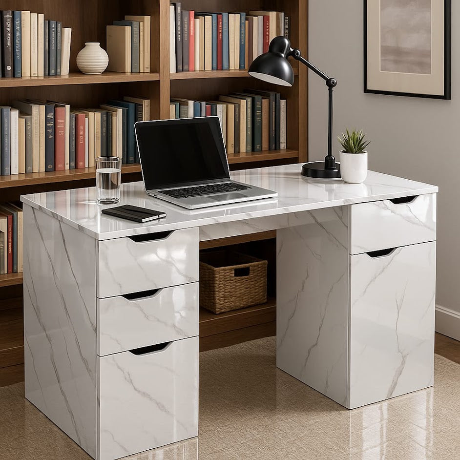 Marble-Look High Gloss Writing Desk With Generous Office Storage